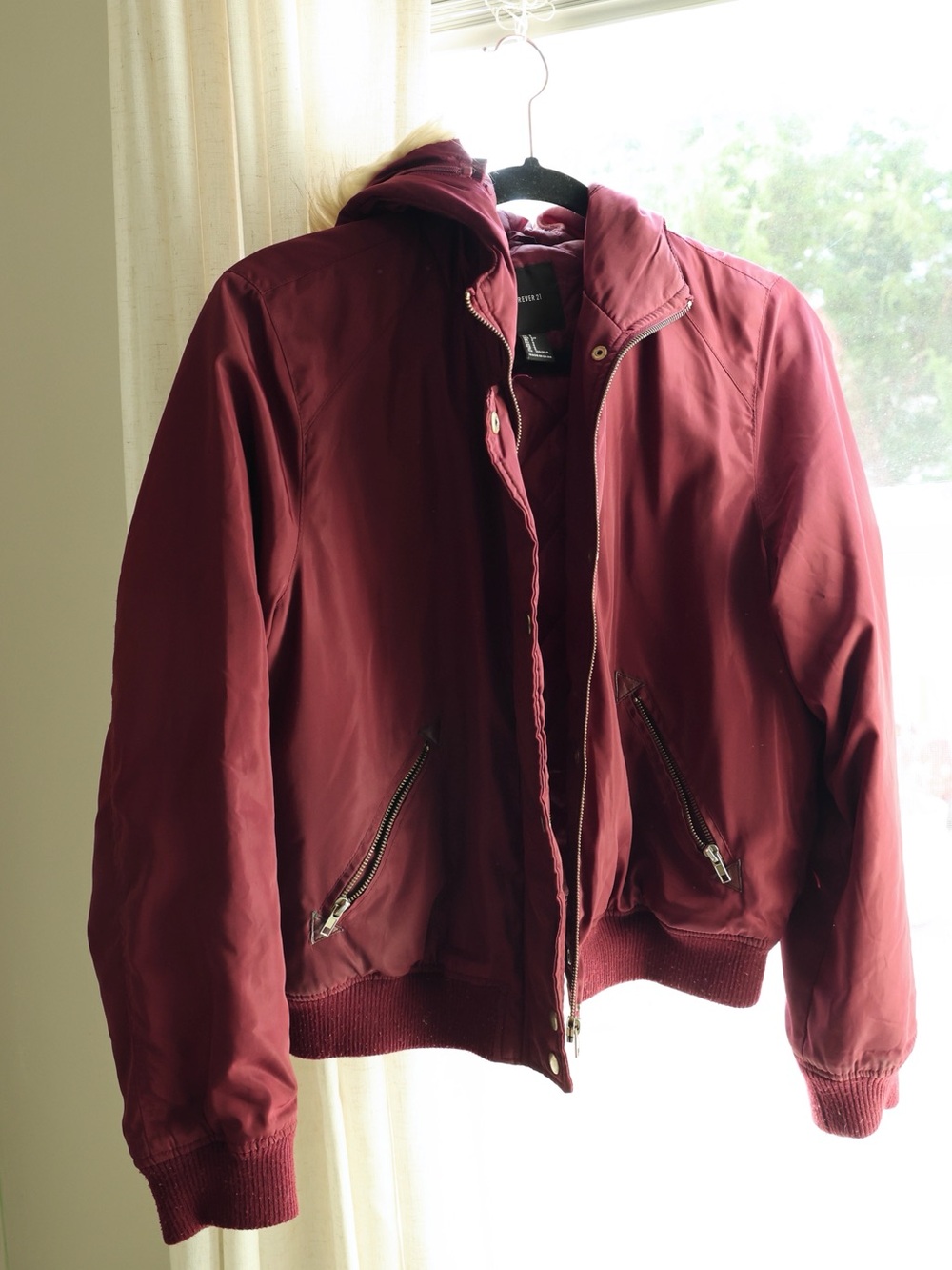 Forever 21 Women's Burgundy Bomber Jacket with Hood